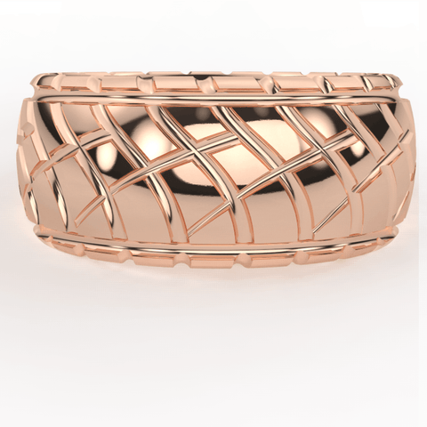 Sakcon Jewelers Ring 14k Rose Gold Car Tire Ring 10mm Wide | Race car jewelry | tire wedding band |
